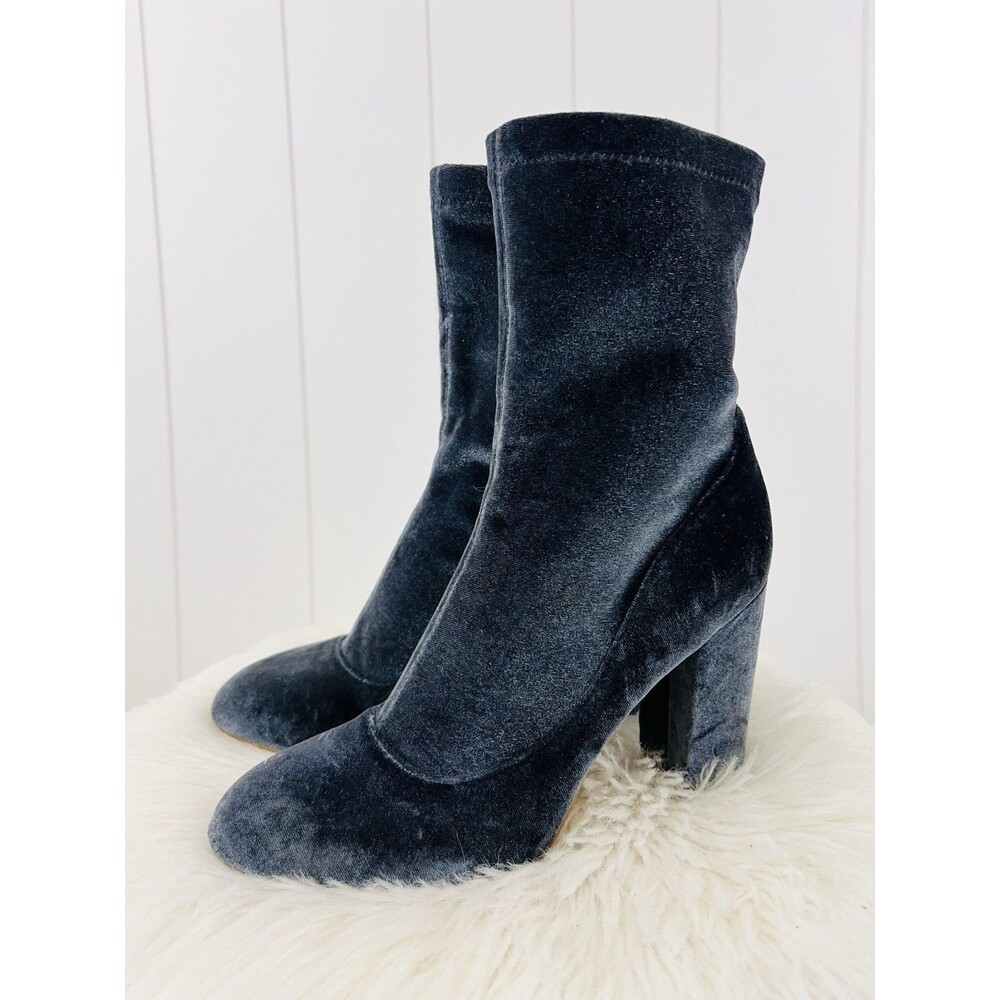 Sam Edelman Calexa Sock Blue Velvet Ankle Boots Block Heel Zip Booties Size 8M